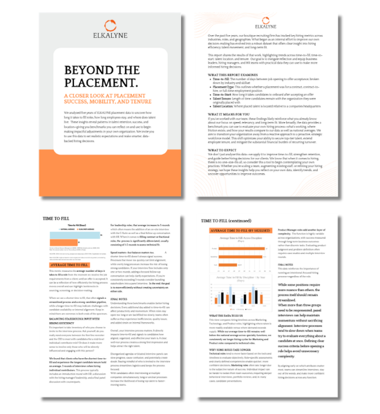 Cover of ELKALYNE’s “Beyond the Placement” 2020–2025 talent and hiring data report, featuring benchmarks on time-to-fill, tenure, and placement trends. 